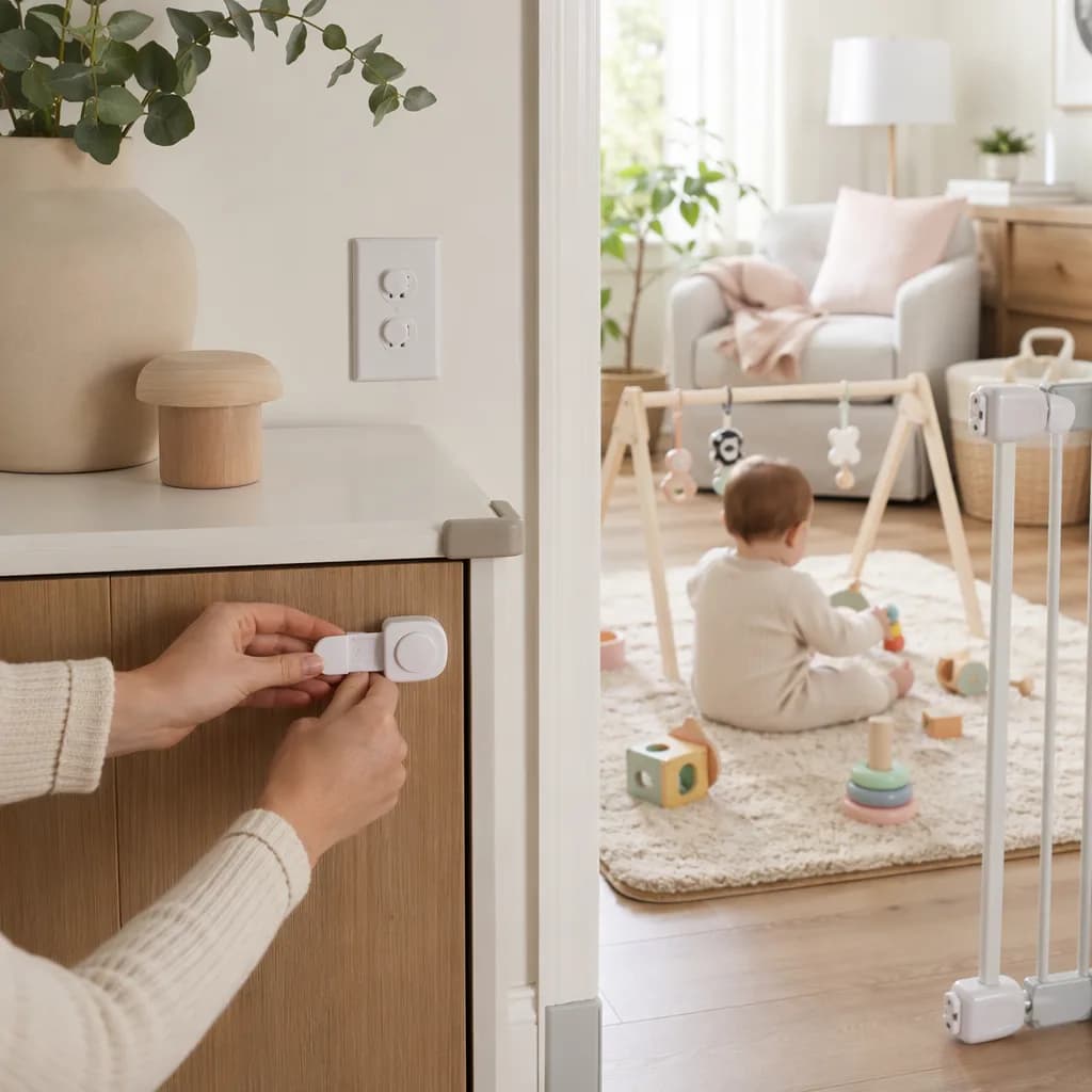 Cozy babyproofed home with safety gate, outlet covers, and baby on a play mat