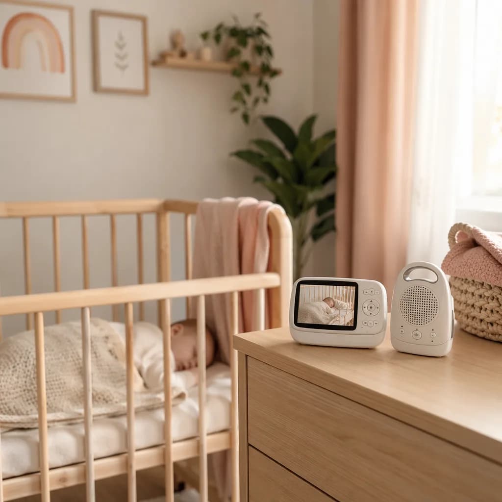 Cozy nursery with audio and video baby monitors near a sleeping baby.
