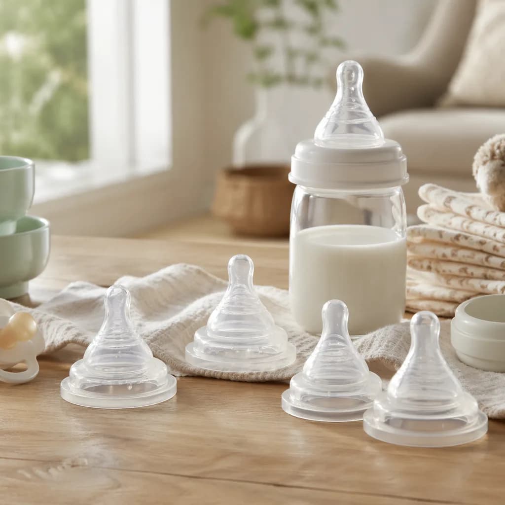 Baby bottle and different nipple sizes on a cozy nursery table