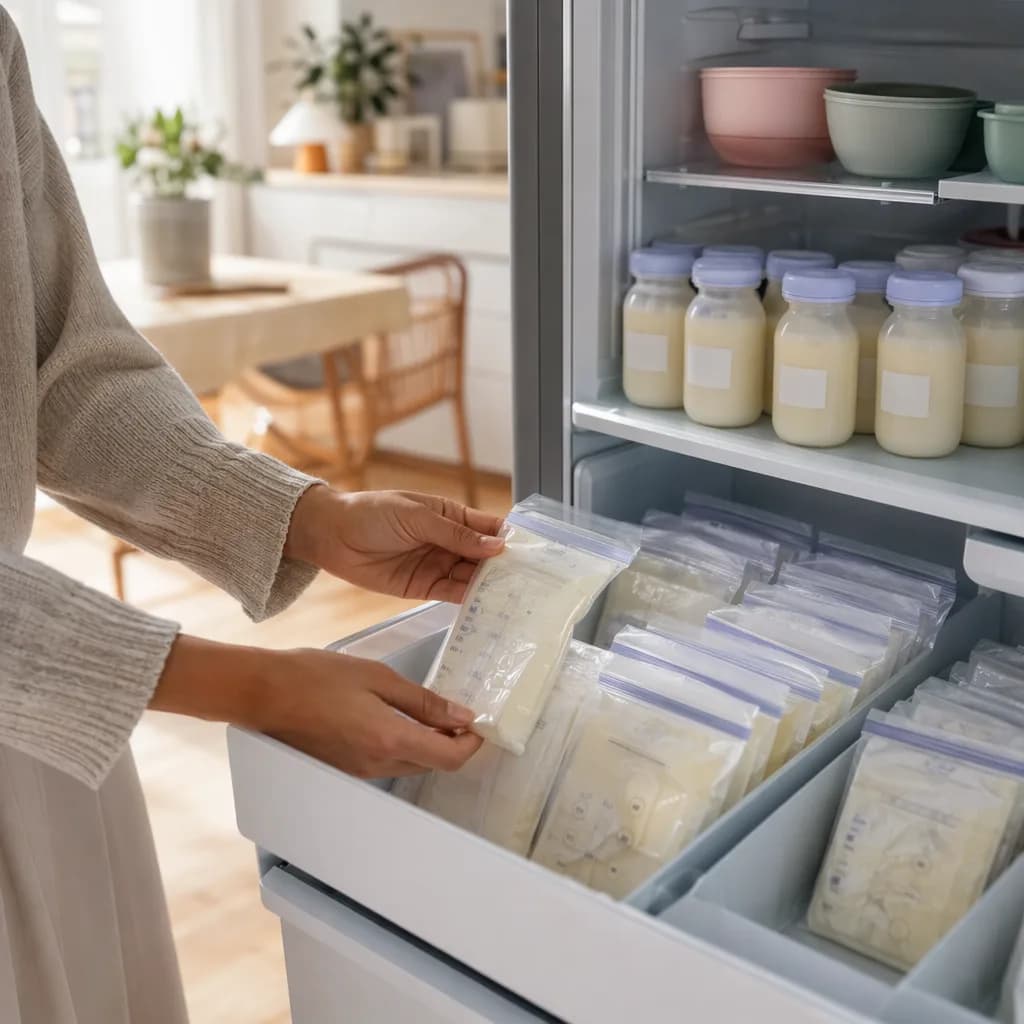 Parent organizing breast milk storage bags and bottles in a fridge and freezer.