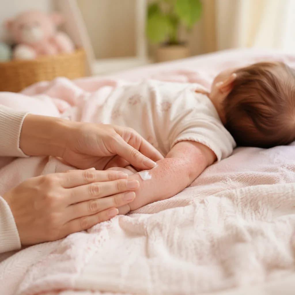 Parent gently caring for a newborn’s skin in a soft, cozy nursery.