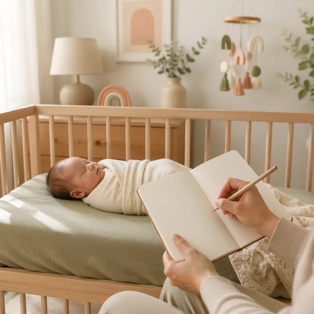 Cozy neutral nursery with a swaddled baby and parent hands holding a blank notebook.