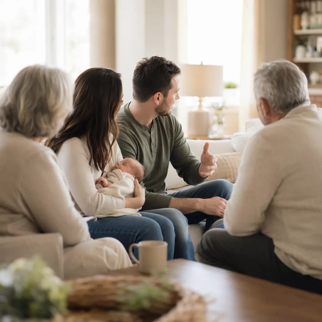 Parents holding a newborn while calmly talking with grandparents in a cozy living room.