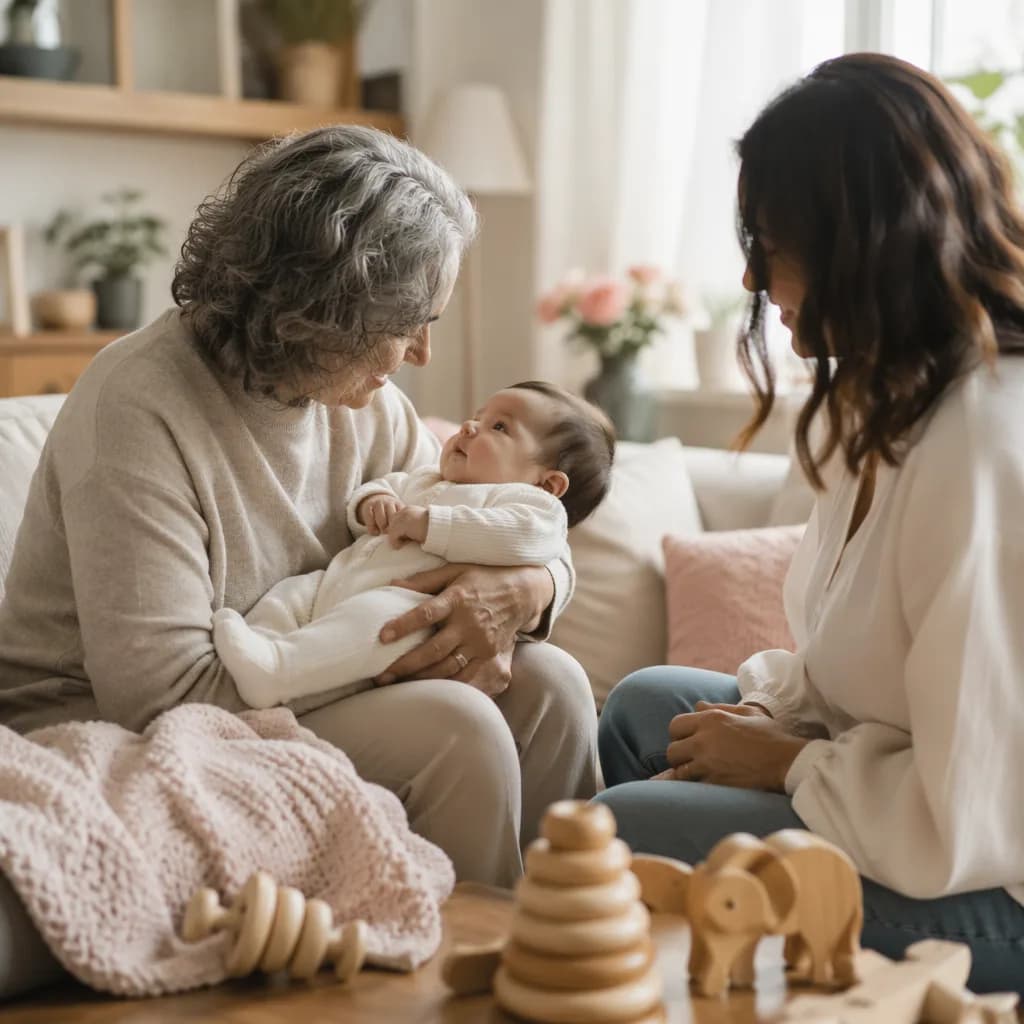Grandparent cuddling a baby with family in a cozy softly lit living room.