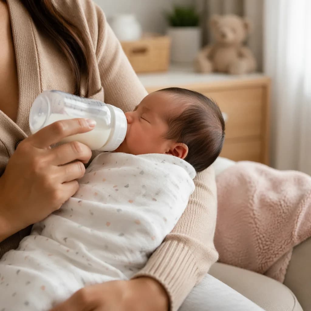 Parent gently bottle-feeding a swaddled newborn in a cozy nursery.