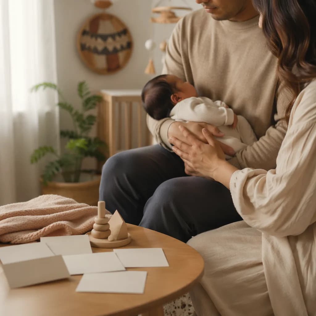 Parents holding a newborn in a soft pastel nursery with blank name cards nearby.