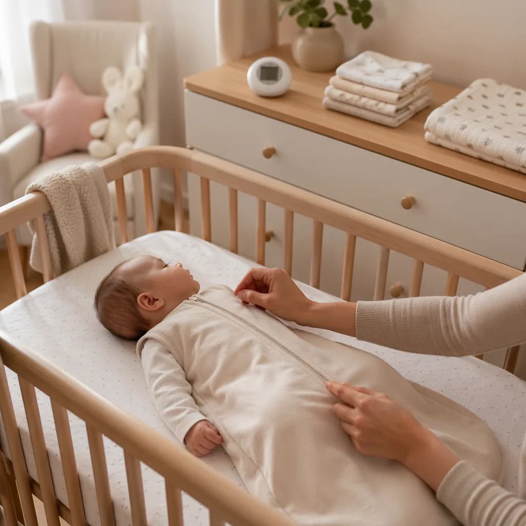 Baby in a sleep sack in a cozy nursery with a room thermometer nearby.