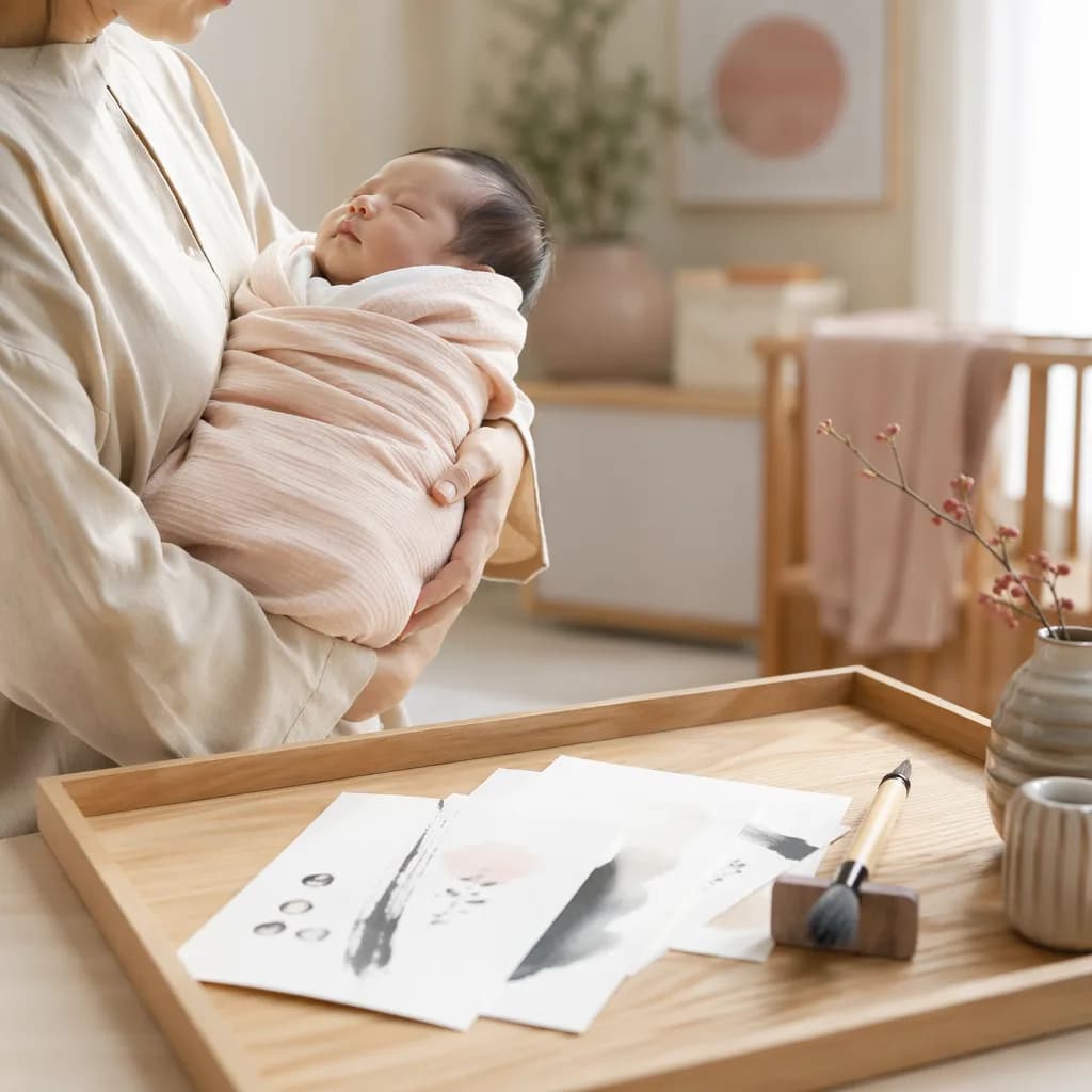 Parent holding a newborn in a cozy Japanese-inspired nursery with blank naming cards.