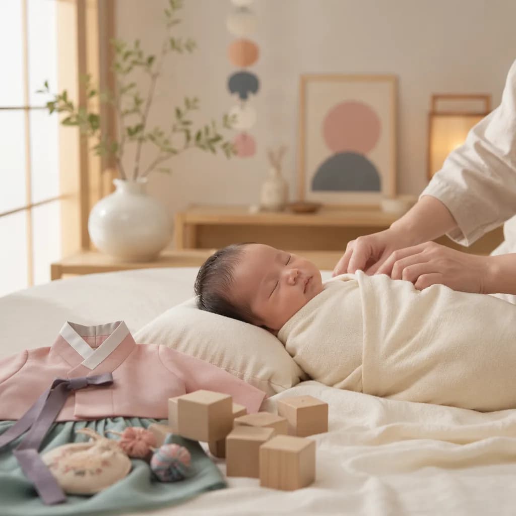 Sleeping newborn in a cozy Korean-inspired nursery with soft pastel decor.