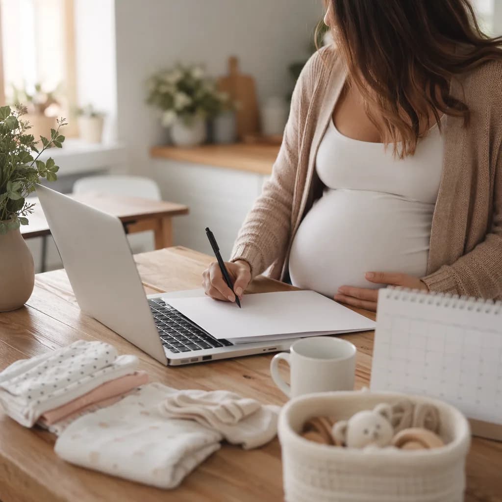 Pregnant person organizing maternity leave paperwork at a cozy home table.