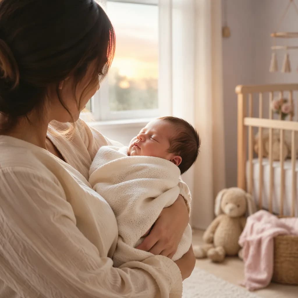 Parent holding a newborn in a softly lit pastel nursery.