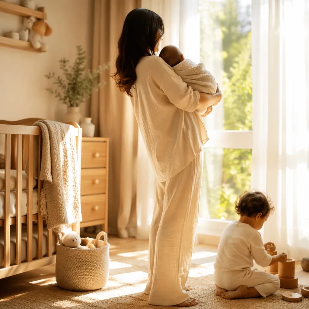 Parent with baby in a sunlit pastel nursery, evoking names that mean light.