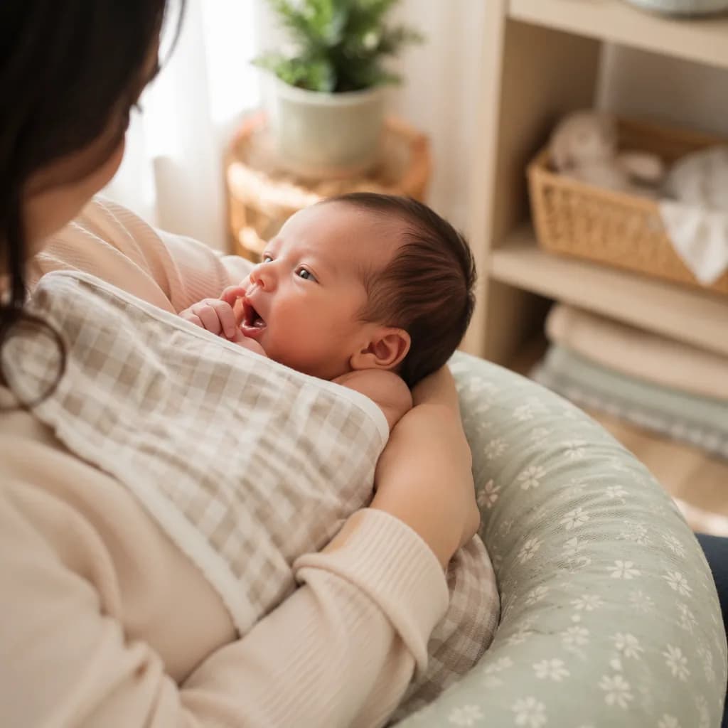 Newborn held by a parent in a cozy nursery during feeding time.