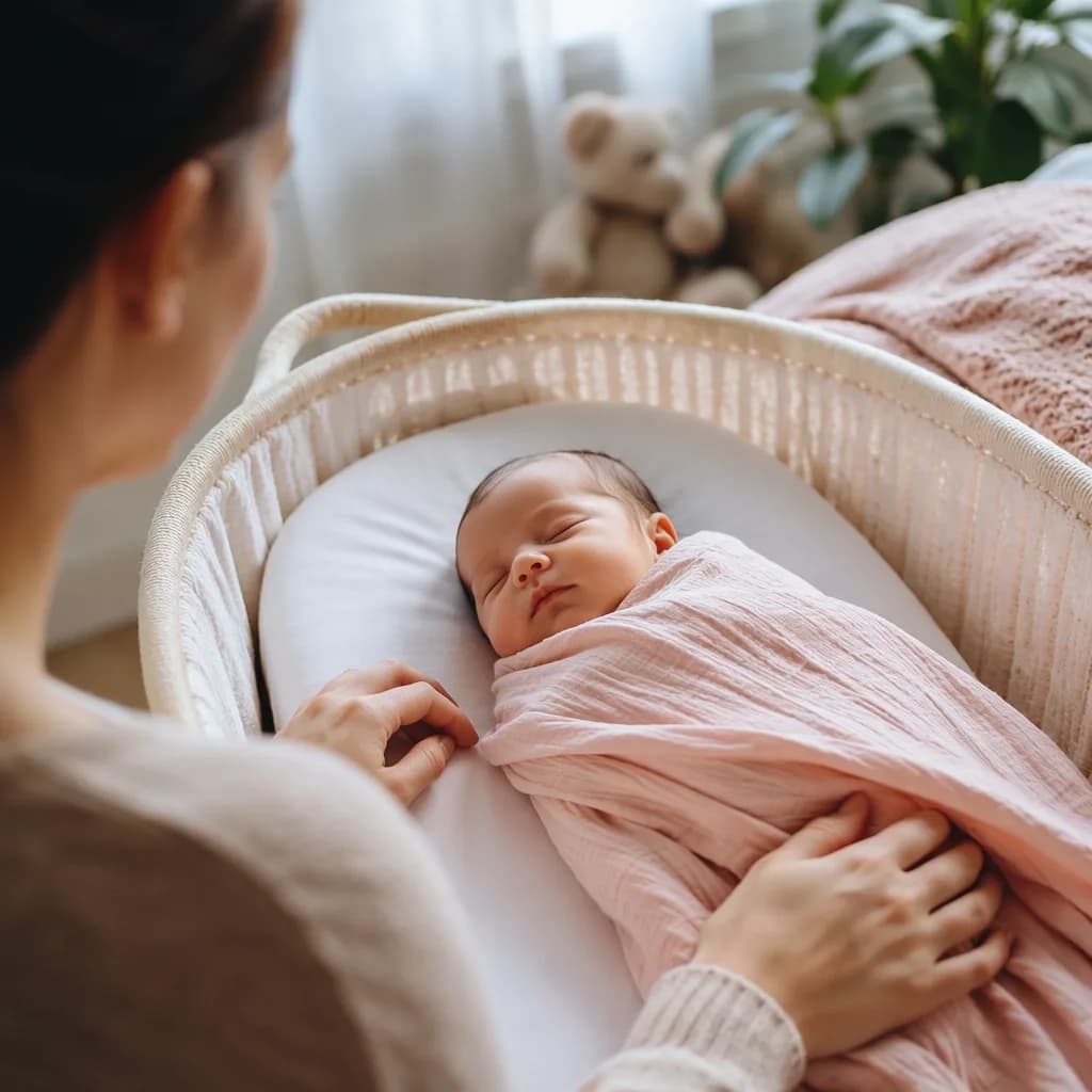 Newborn baby resting in a cozy bassinet with a parent nearby.