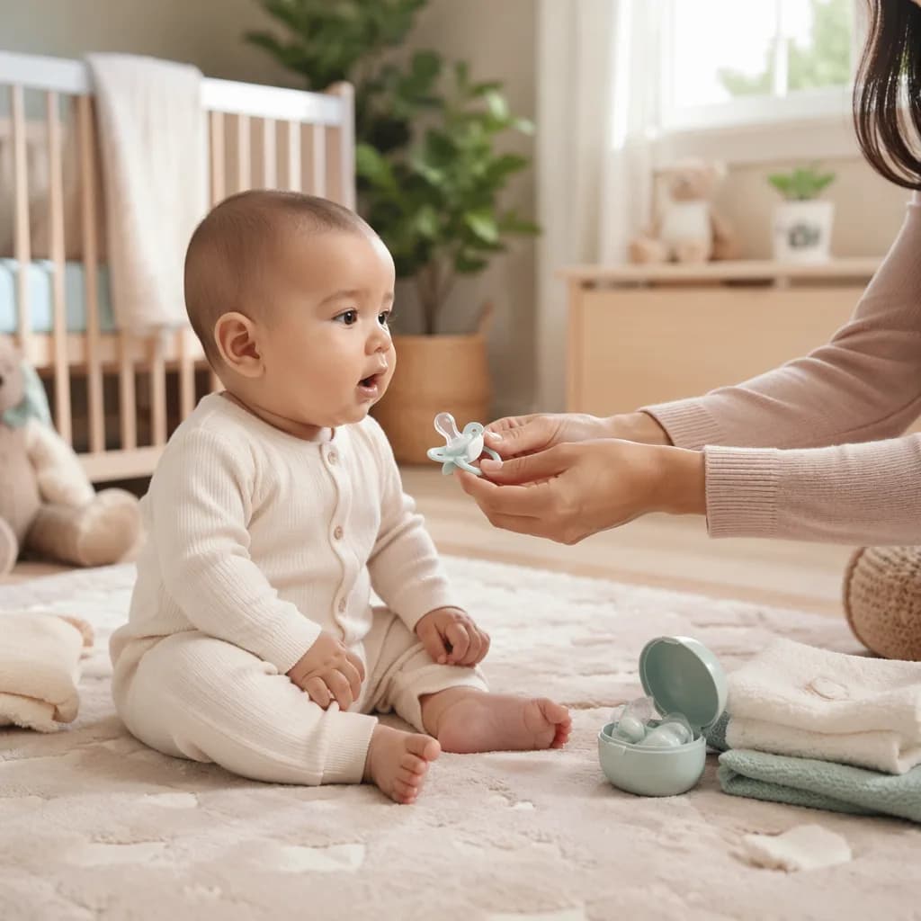 Baby on a soft nursery play mat with a caregiver offering a clean pacifier.