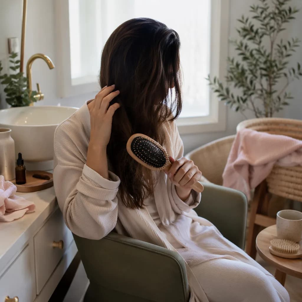 New parent gently brushing hair in a calm postpartum self-care setting.