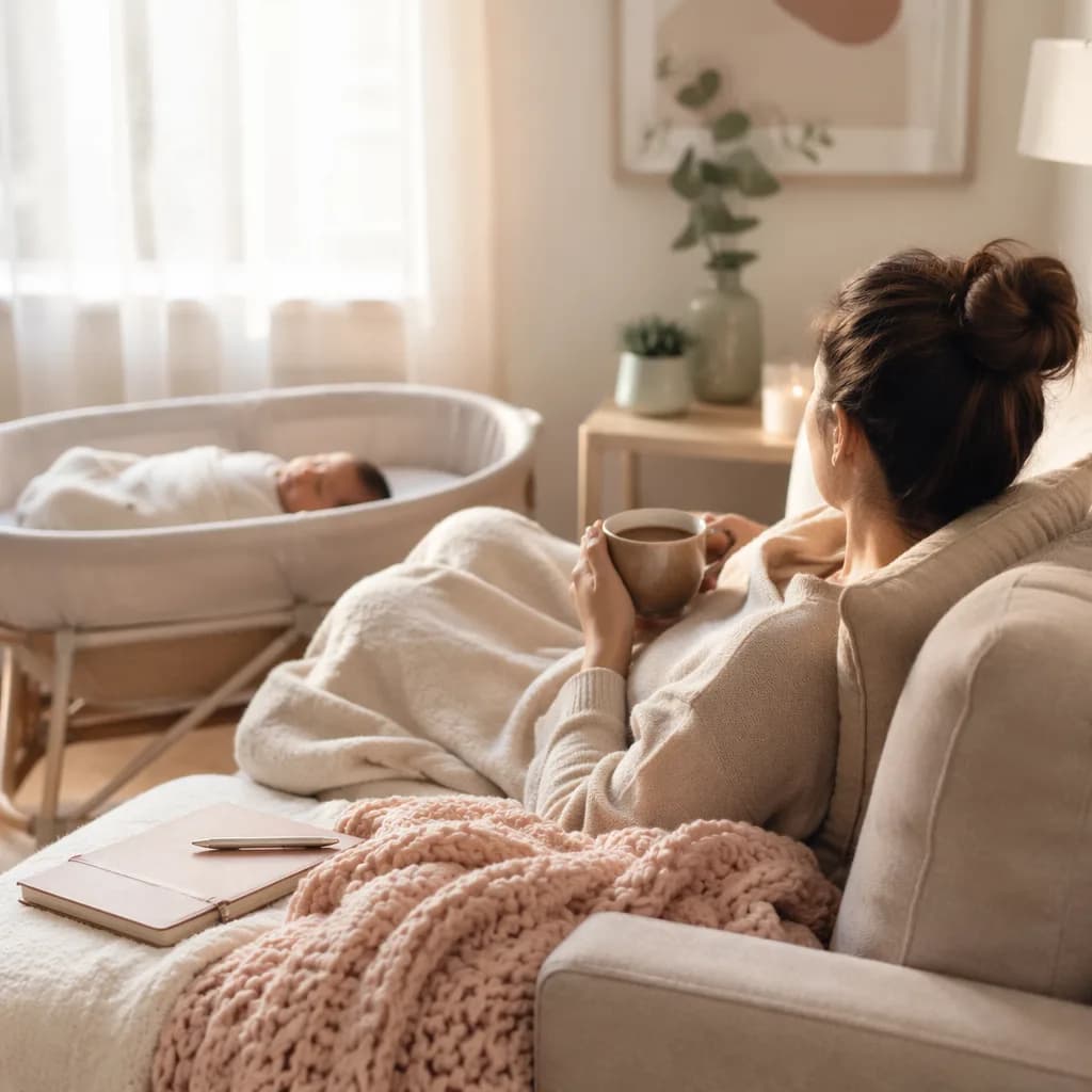New parent resting beside a sleeping newborn in a soft, cozy home setting.