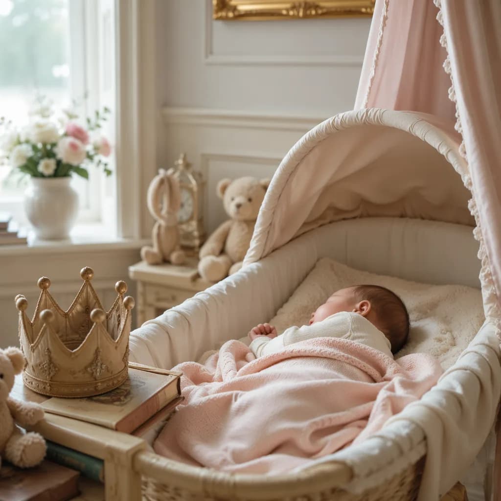 A sleeping newborn in a cozy pastel nursery with subtle royal-inspired keepsakes.