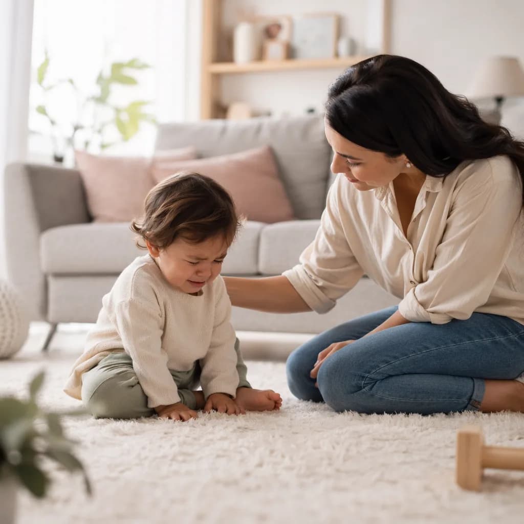A calm parent supports an upset toddler in a cozy pastel living room.