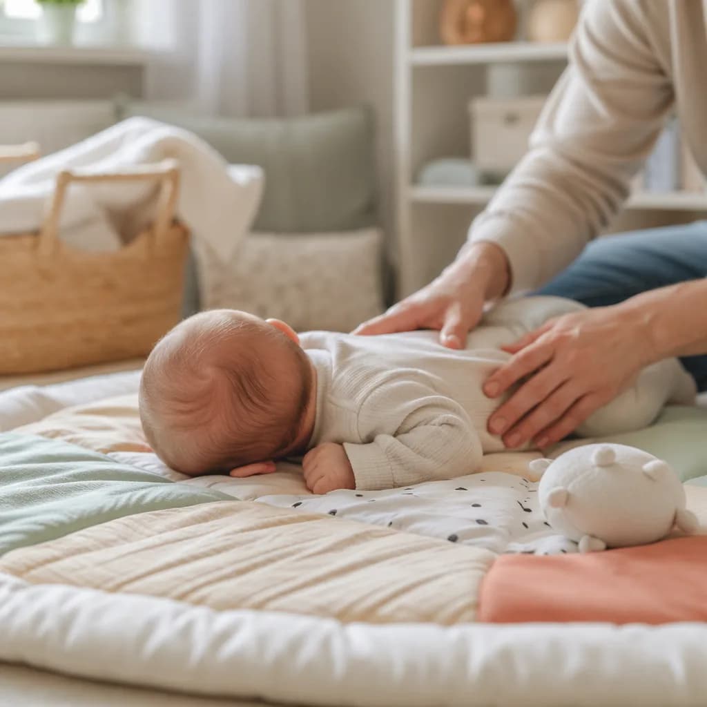 Newborn doing supervised tummy time on a soft pastel play mat with a parent nearby.