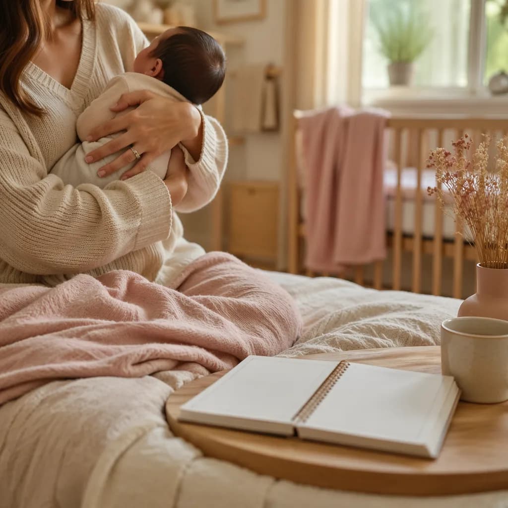 A parent holding a newborn in a softly lit pastel nursery with a blank baby name notebook nearby.