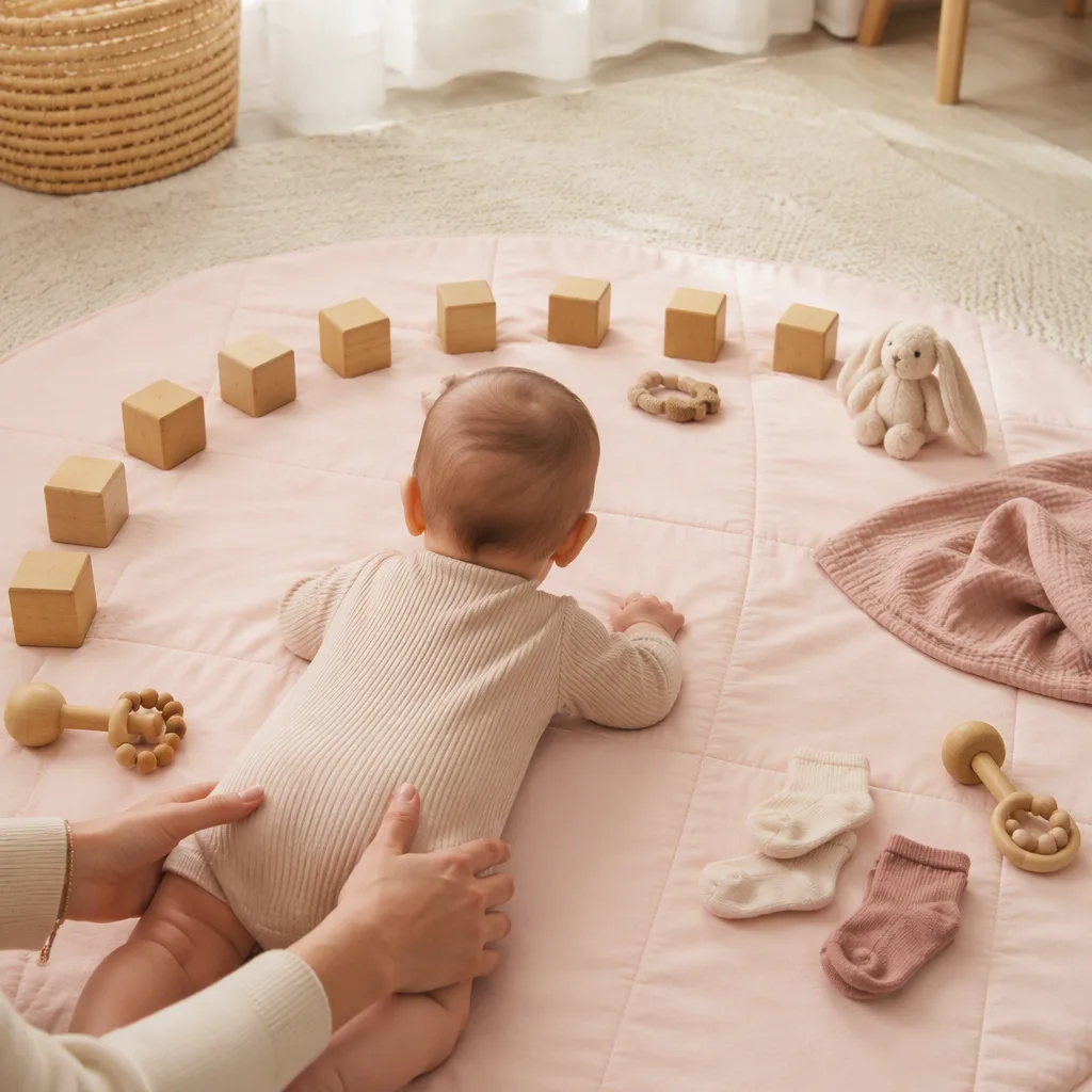 Baby on a soft play mat with milestone toys arranged nearby in a cozy nursery.