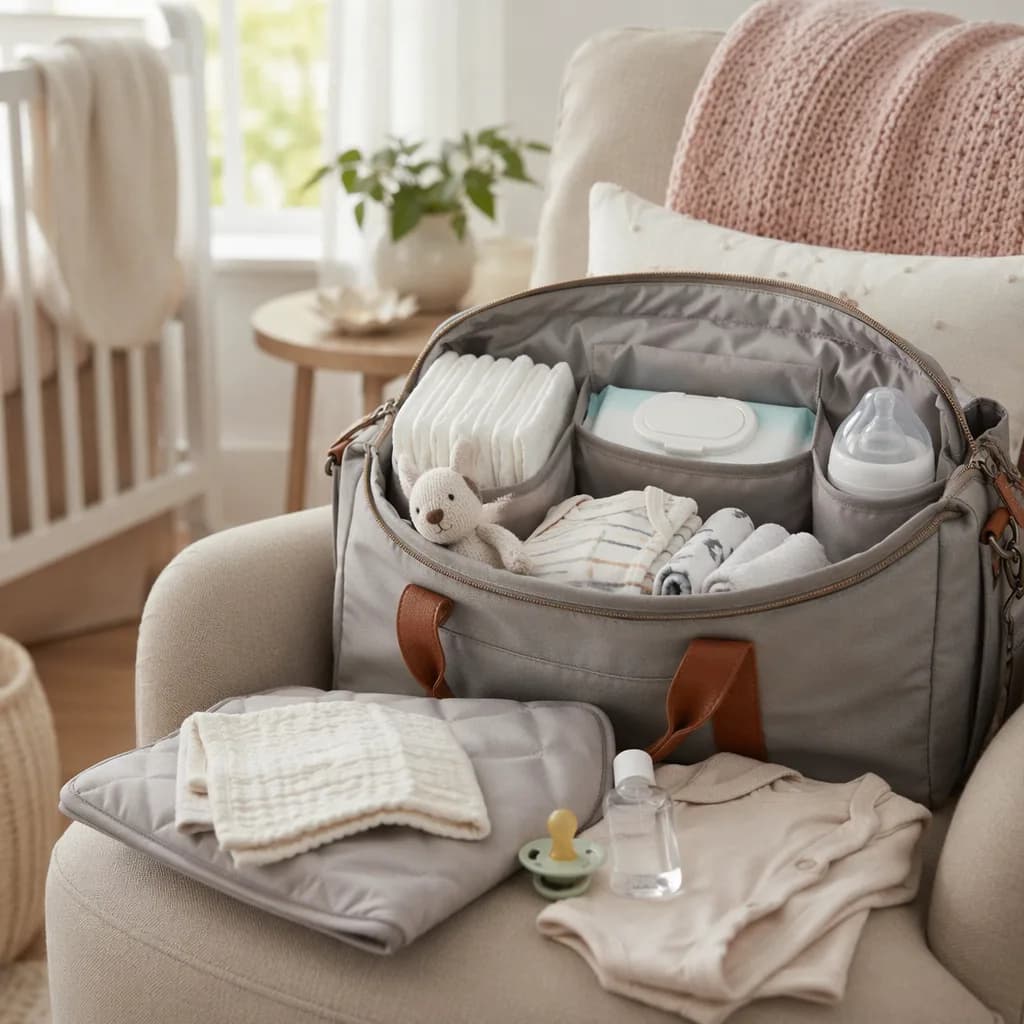Open diaper bag with organized baby essentials in a cozy nursery.