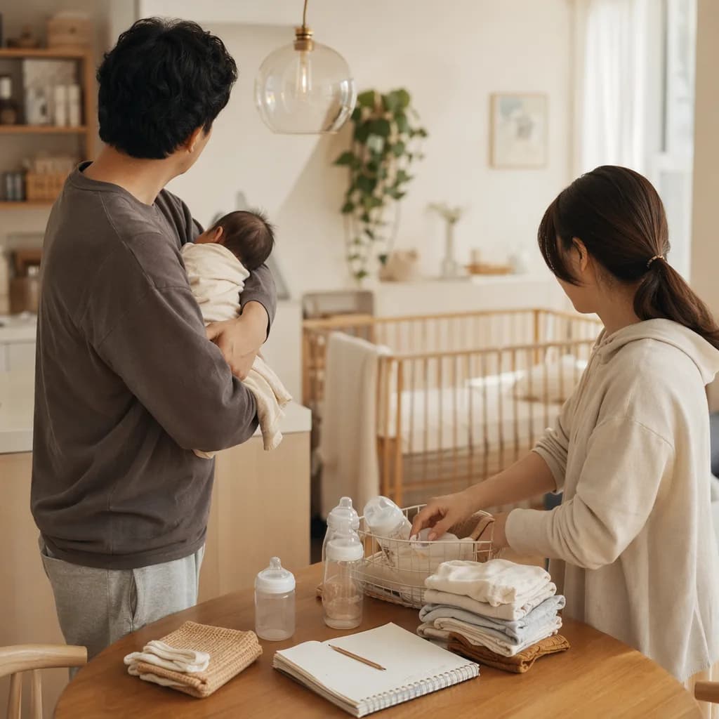 Two parents sharing baby care and household tasks in a cozy pastel home.