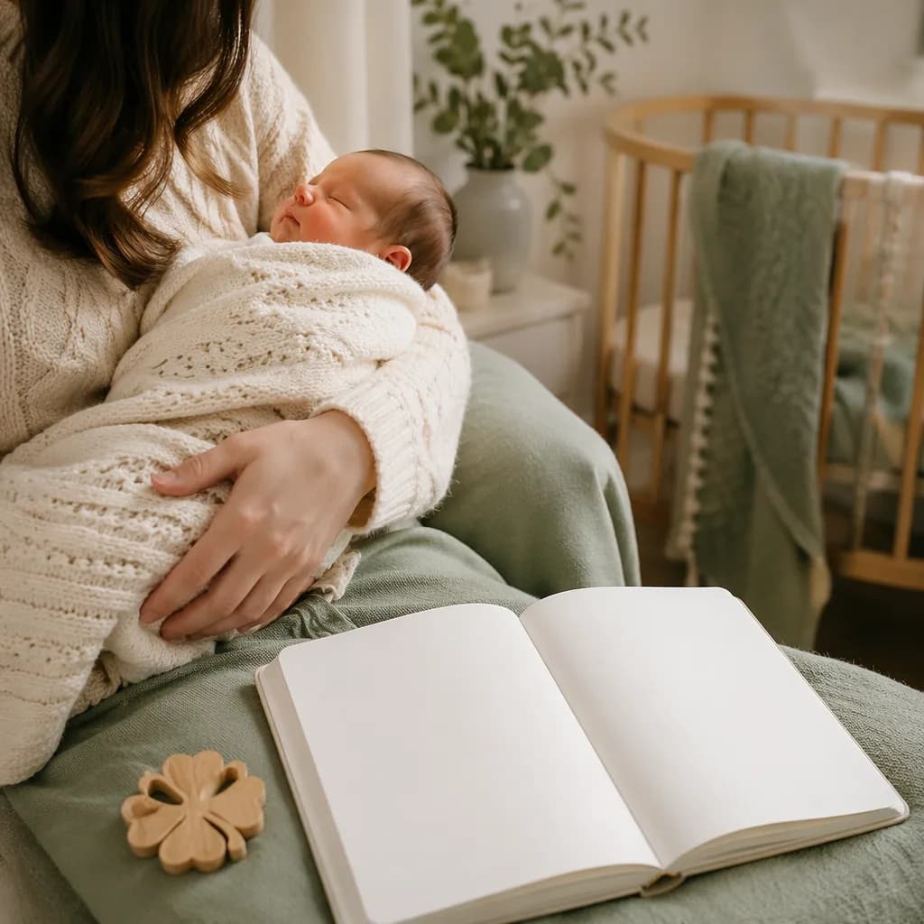 Parent holding a newborn in a cozy nursery with subtle Irish-inspired details.