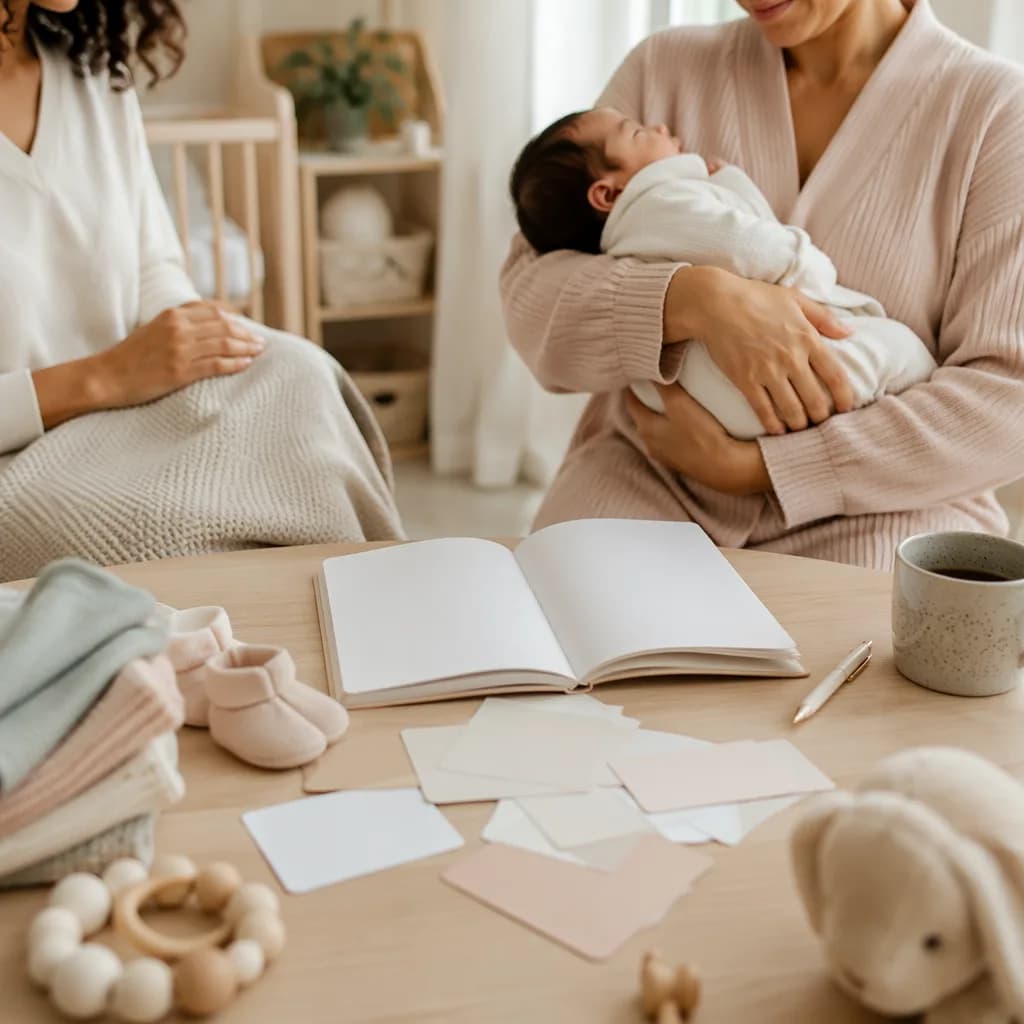 Parents in a cozy nursery planning baby names beside a newborn.