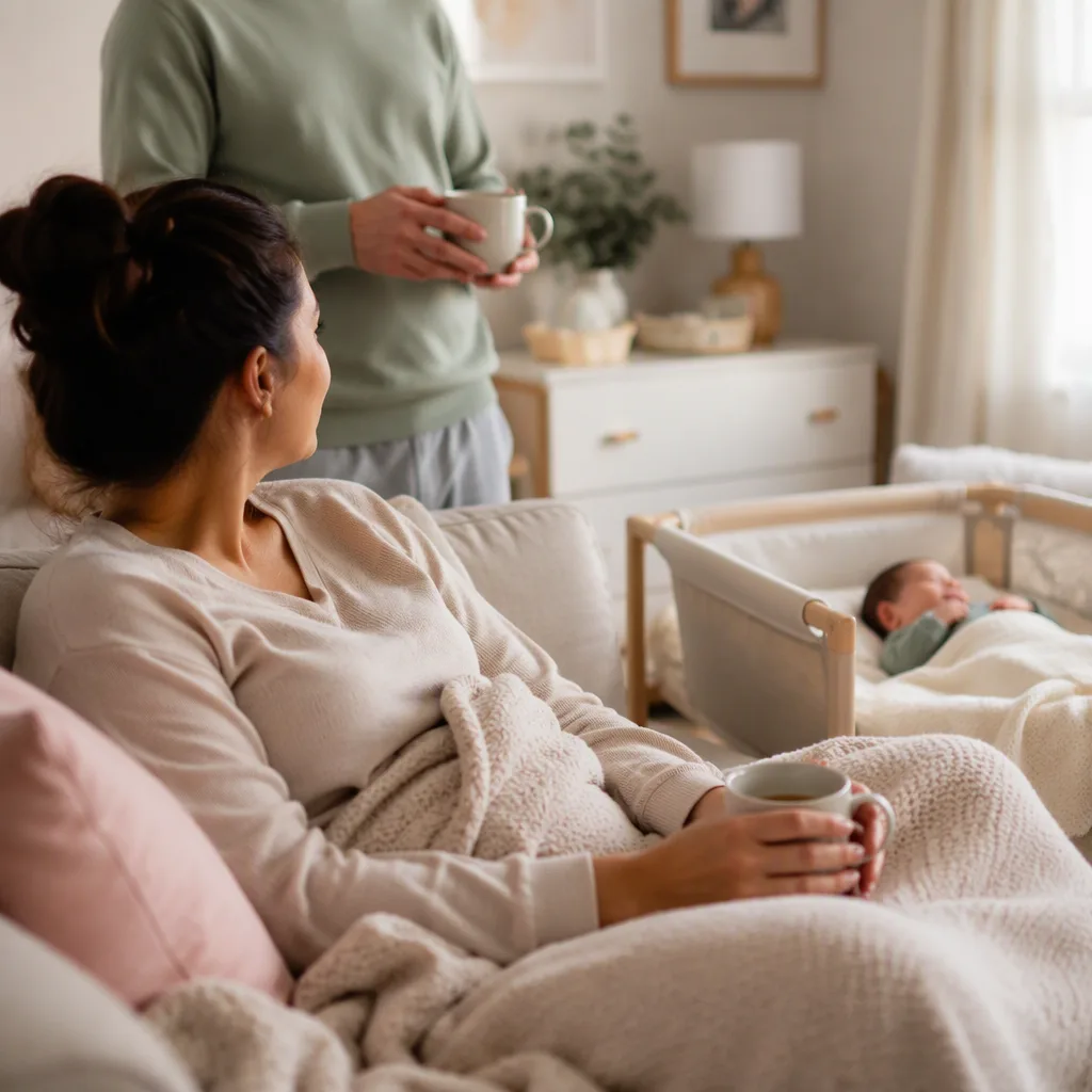 A new parent rests at home while a baby sleeps nearby and a supportive helper brings tea.
