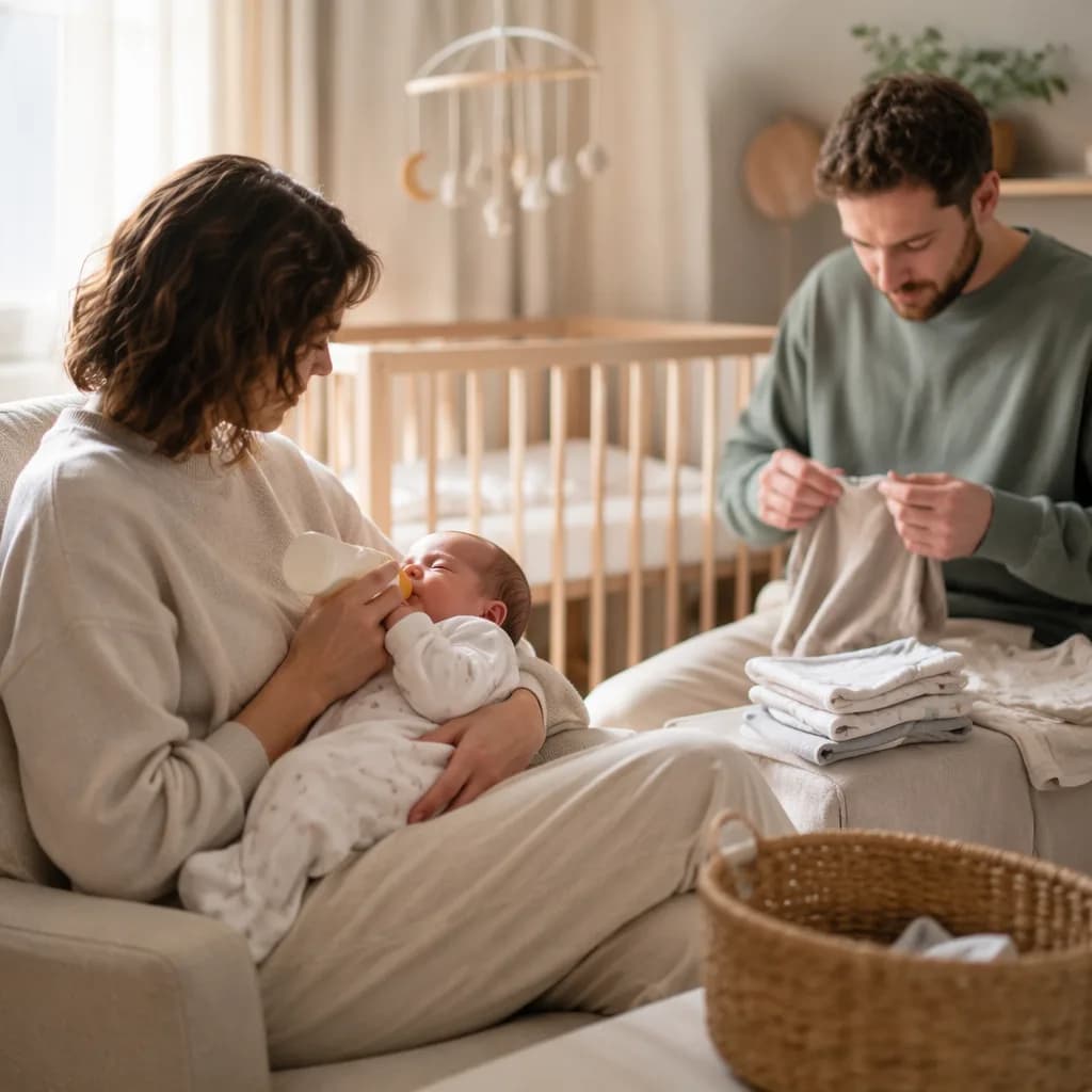 Two parents share newborn care tasks in a cozy nursery.