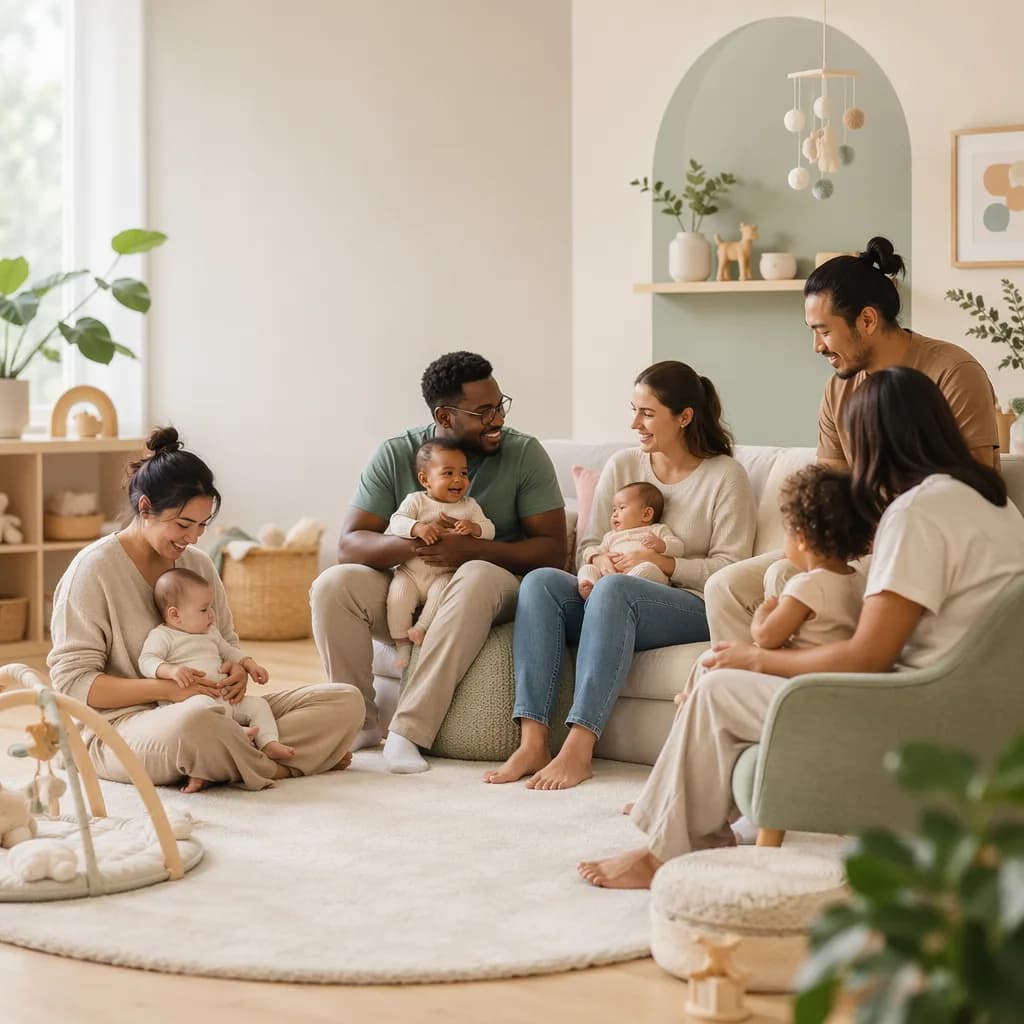 Diverse parents with babies in a warm pastel nursery setting