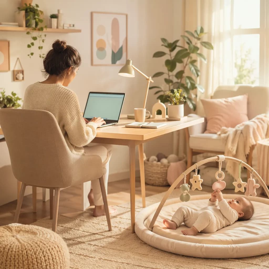 Parent writing a message at a cozy desk while a baby rests nearby.