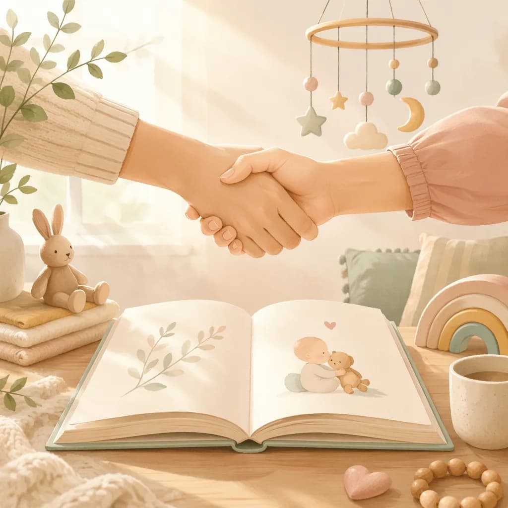 Soft pastel illustration of an open book with a gentle handshake above it.