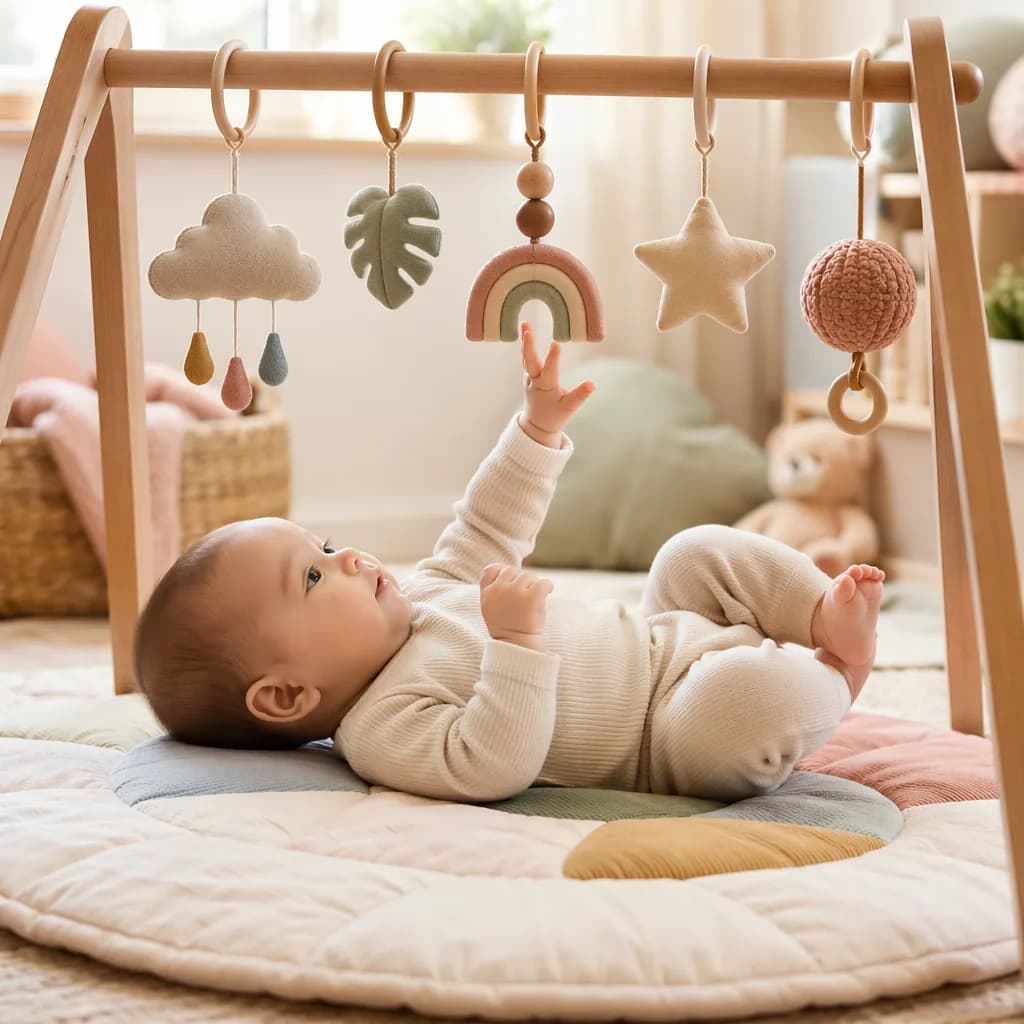 Baby on a play mat reaching toward soft hanging toys.