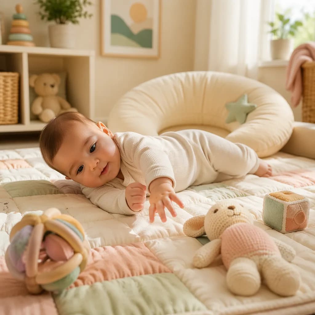 Baby practicing rolling and supported sitting on a soft play mat.
