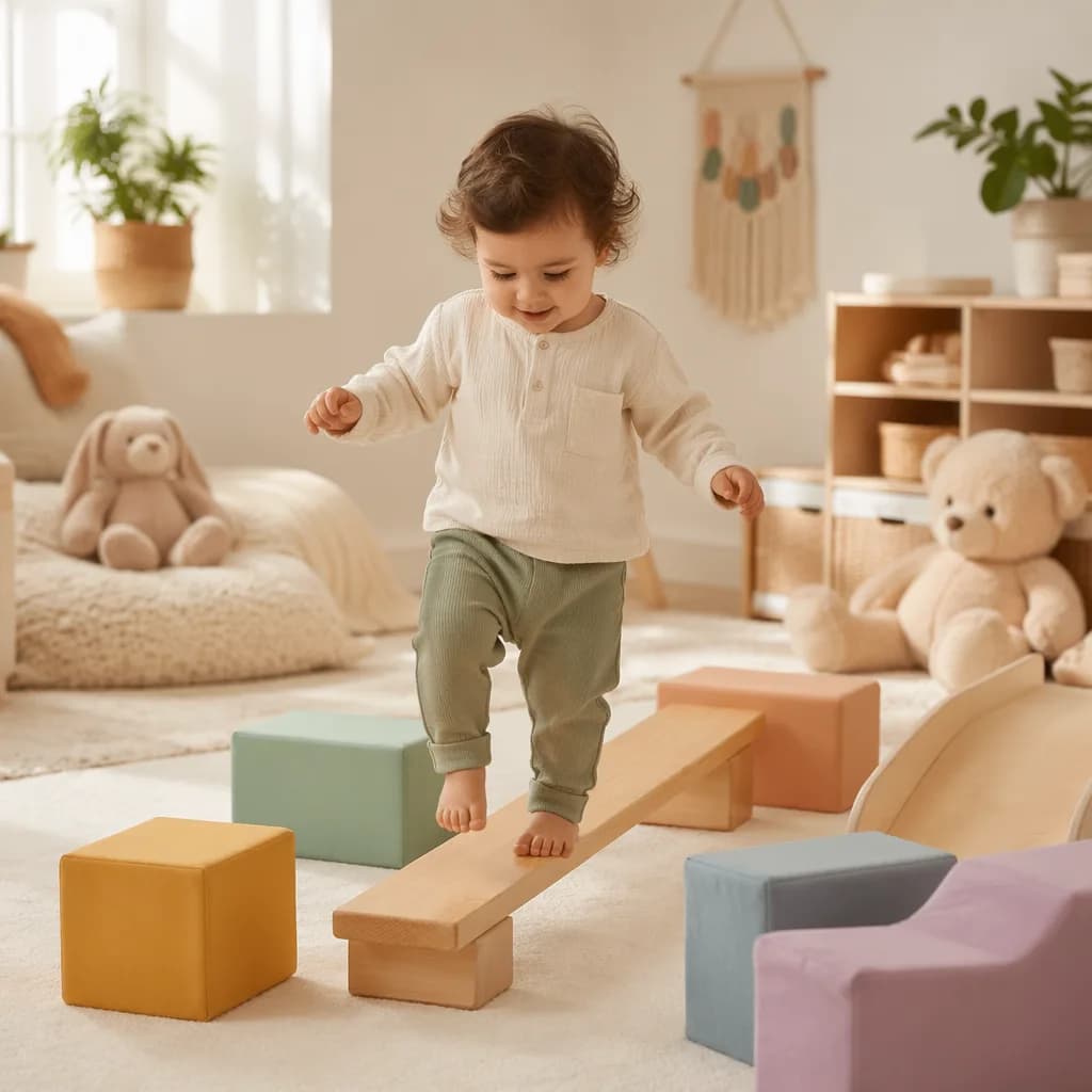 Toddler practicing balance and steady walking in a cozy pastel playroom.