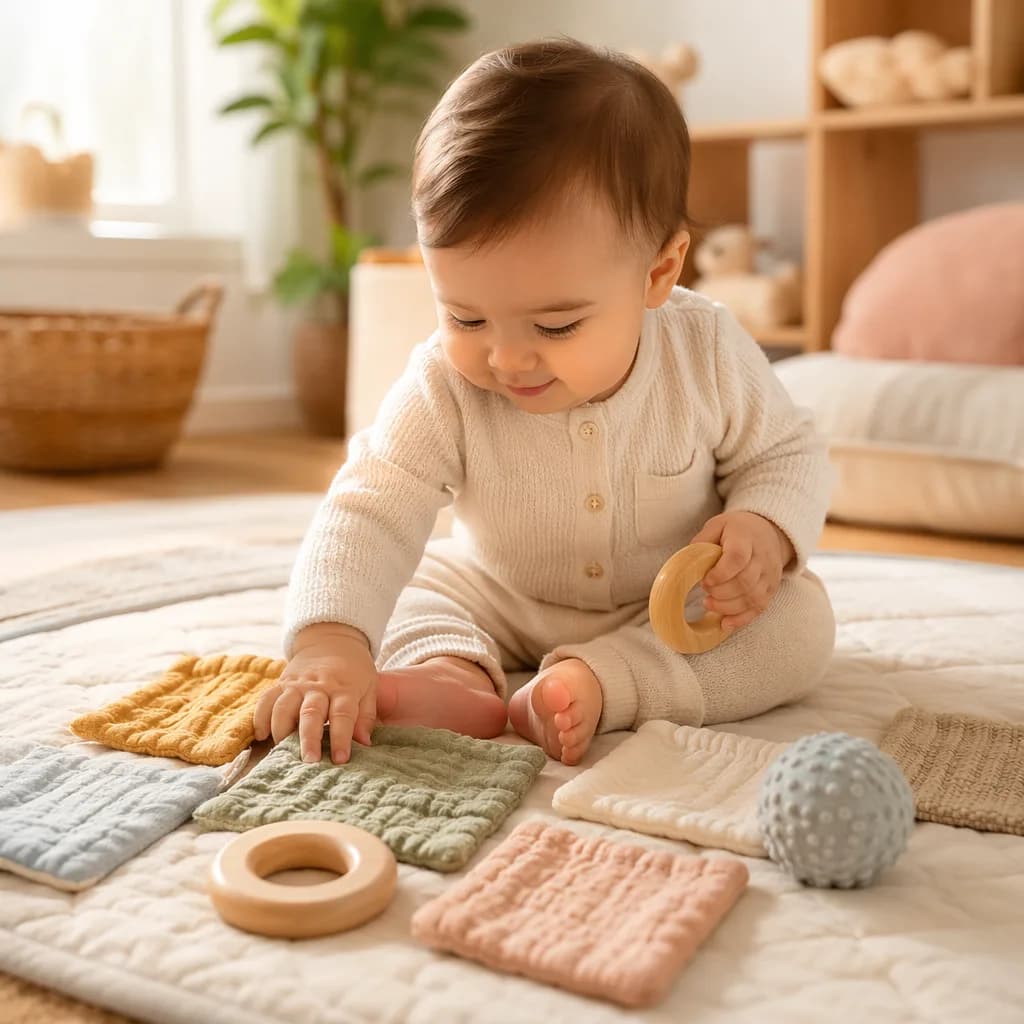Baby exploring textured sensory toys on a cozy play mat.