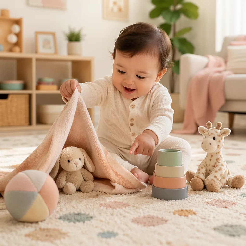 Baby finding a hidden toy and pointing to objects during cozy playtime.