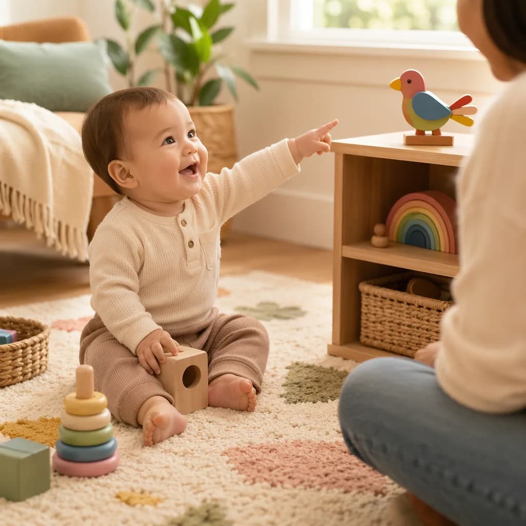 A toddler points at a toy to share interest with a nearby caregiver in a cozy nursery.