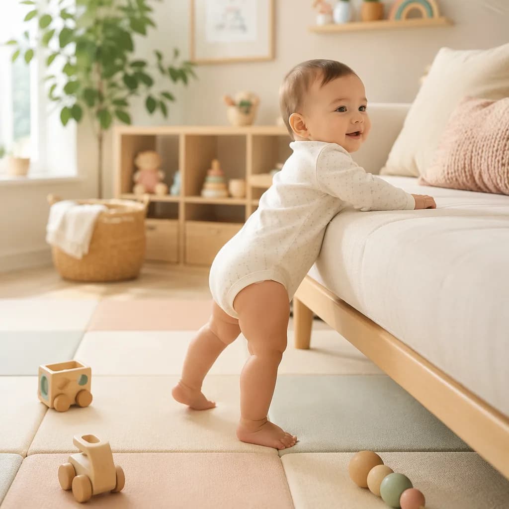 Baby pulling up and cruising along a couch in a cozy nursery.