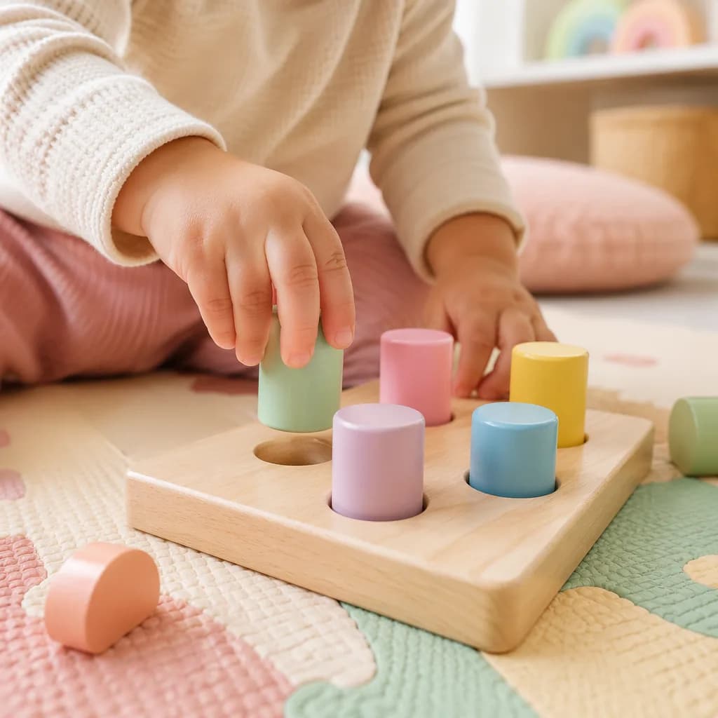 Toddler hands placing chunky wooden pegs into a pastel pegboard.