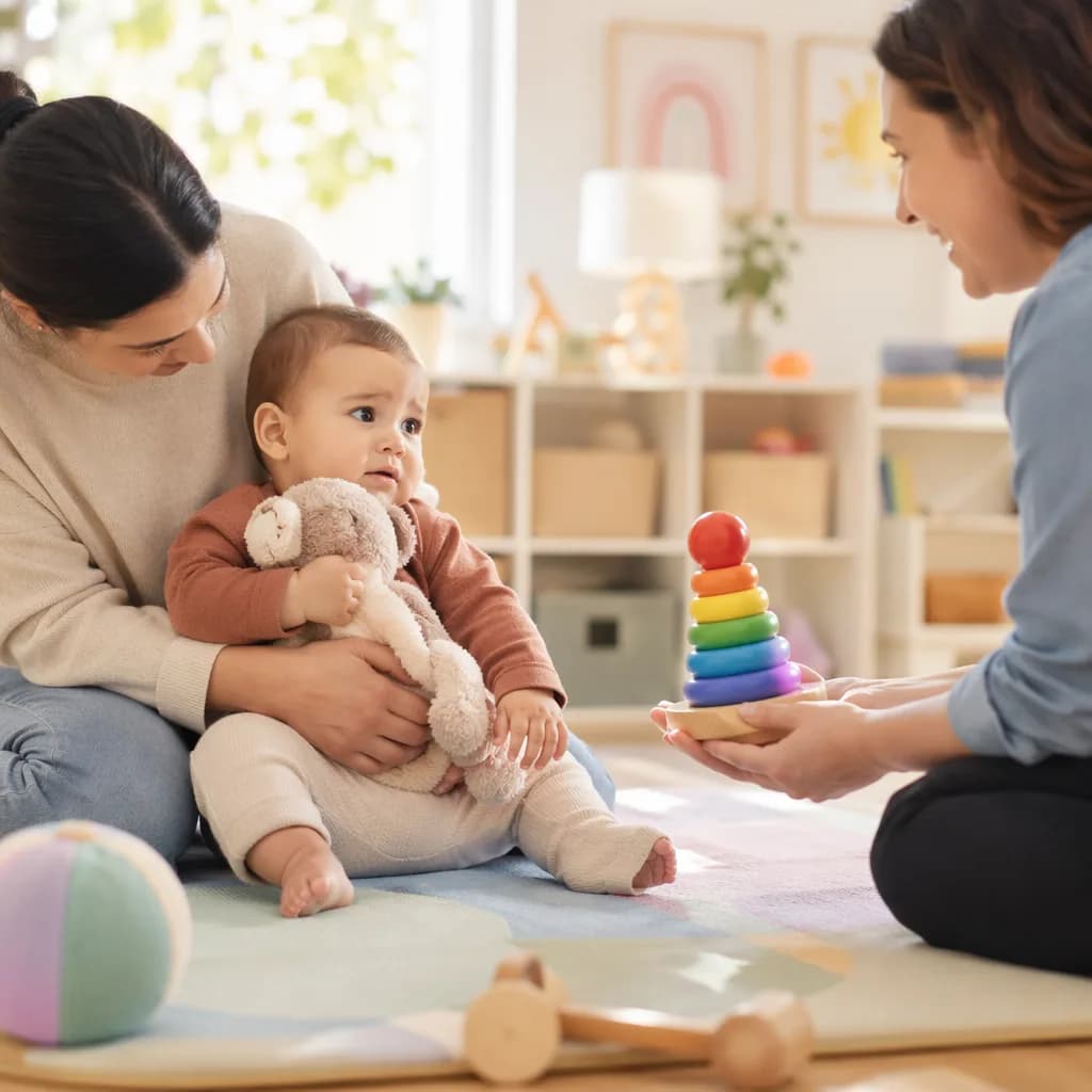 A hesitant baby clings to a caregiver while a friendly adult offers a toy nearby.