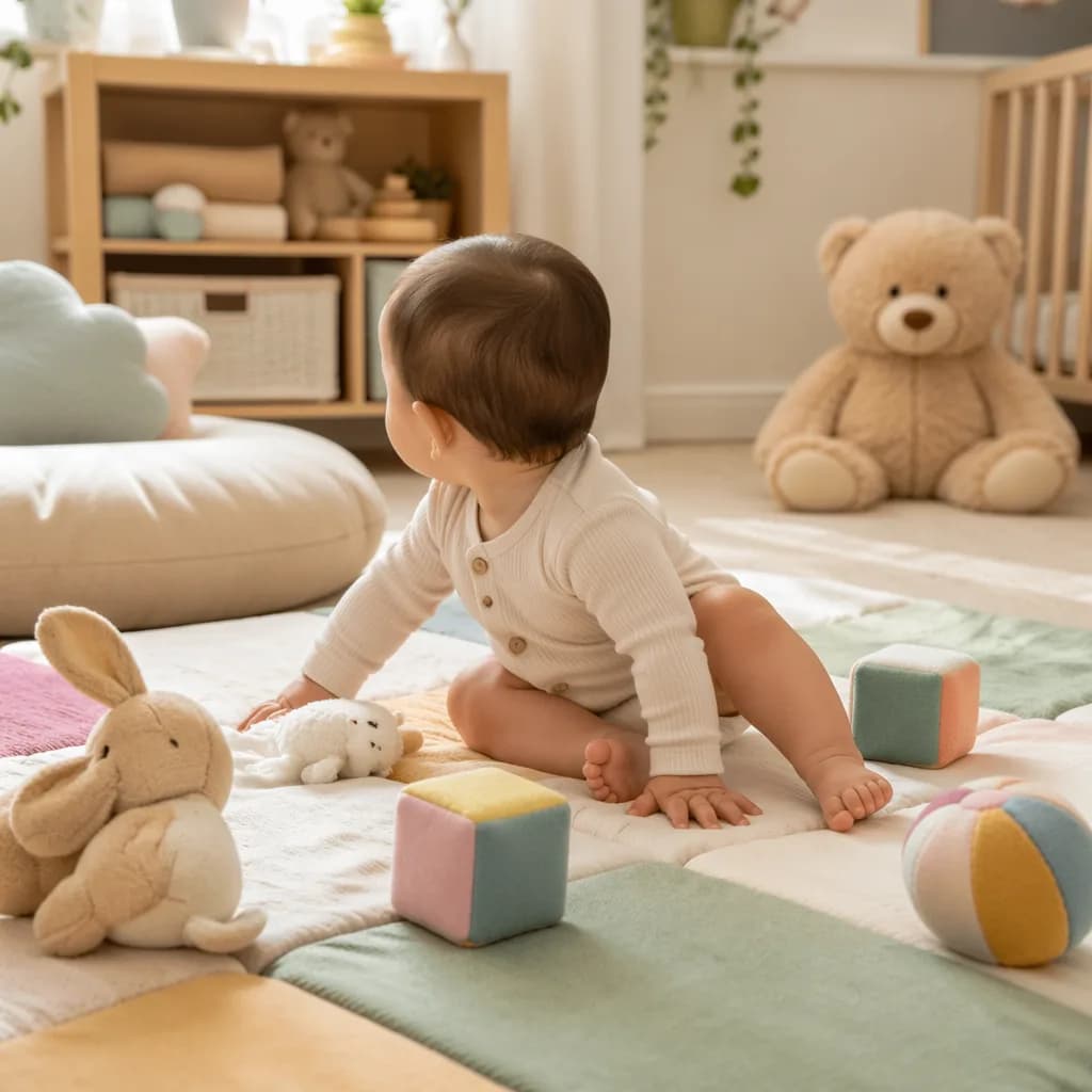 Baby practicing sitting and rolling on a soft play mat with toys.