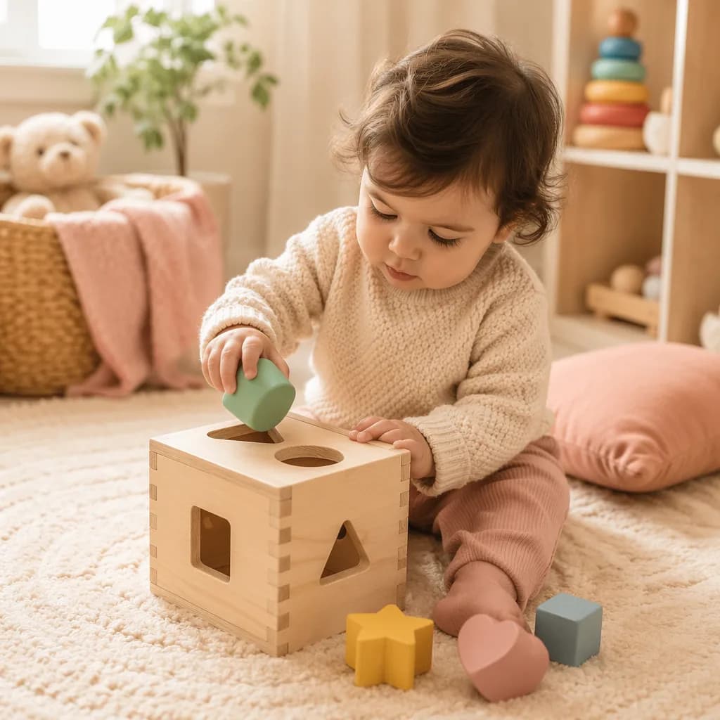 Toddler fitting wooden shapes into a sorter during curious play.
