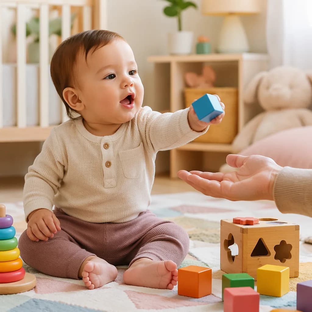 A toddler shares a toy block with a caregiver in a cozy pastel nursery.