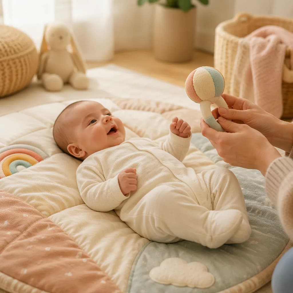 A young baby cooing on a soft play mat with a gentle caregiver nearby.