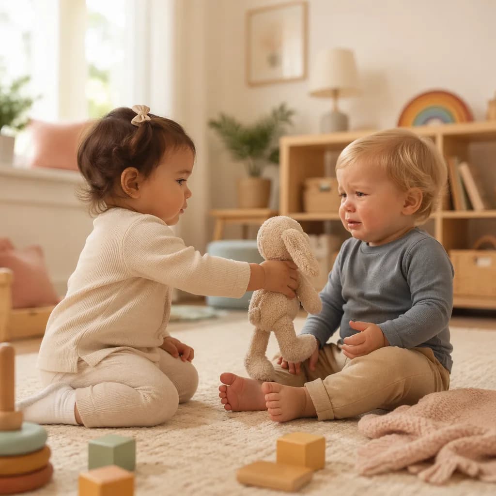 Toddler offering a stuffed toy to comfort another upset toddler in a cozy playroom.