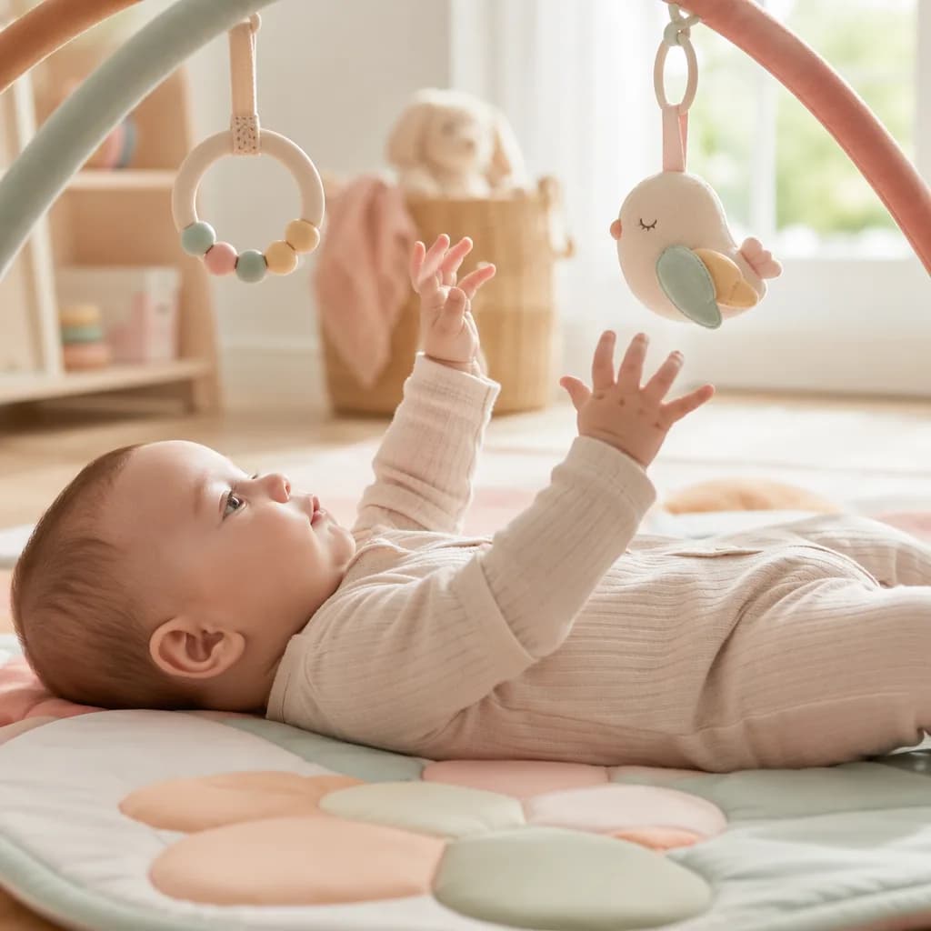 Baby on a soft play mat reaching with open hands toward simple toys.